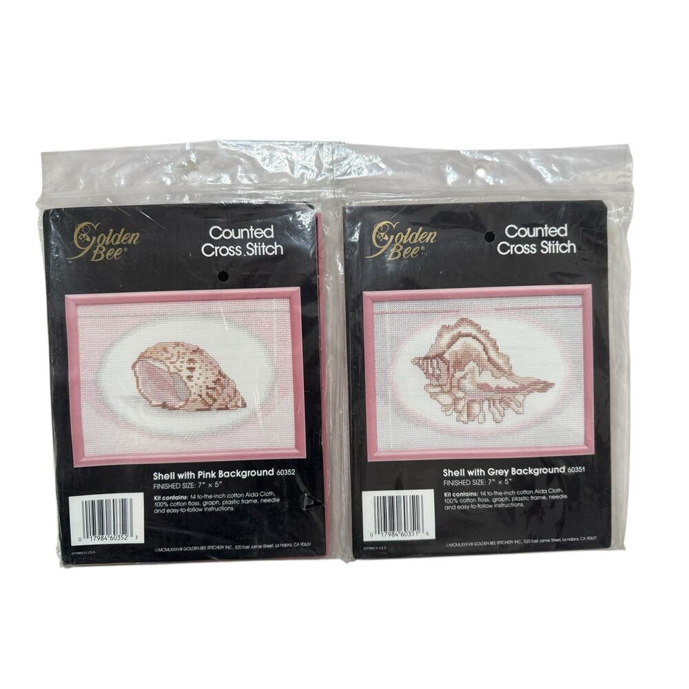 Vintage *NEW* Sea Shell Counted Cross Stitch Set of 2 Golden Bee Pink White 7x5